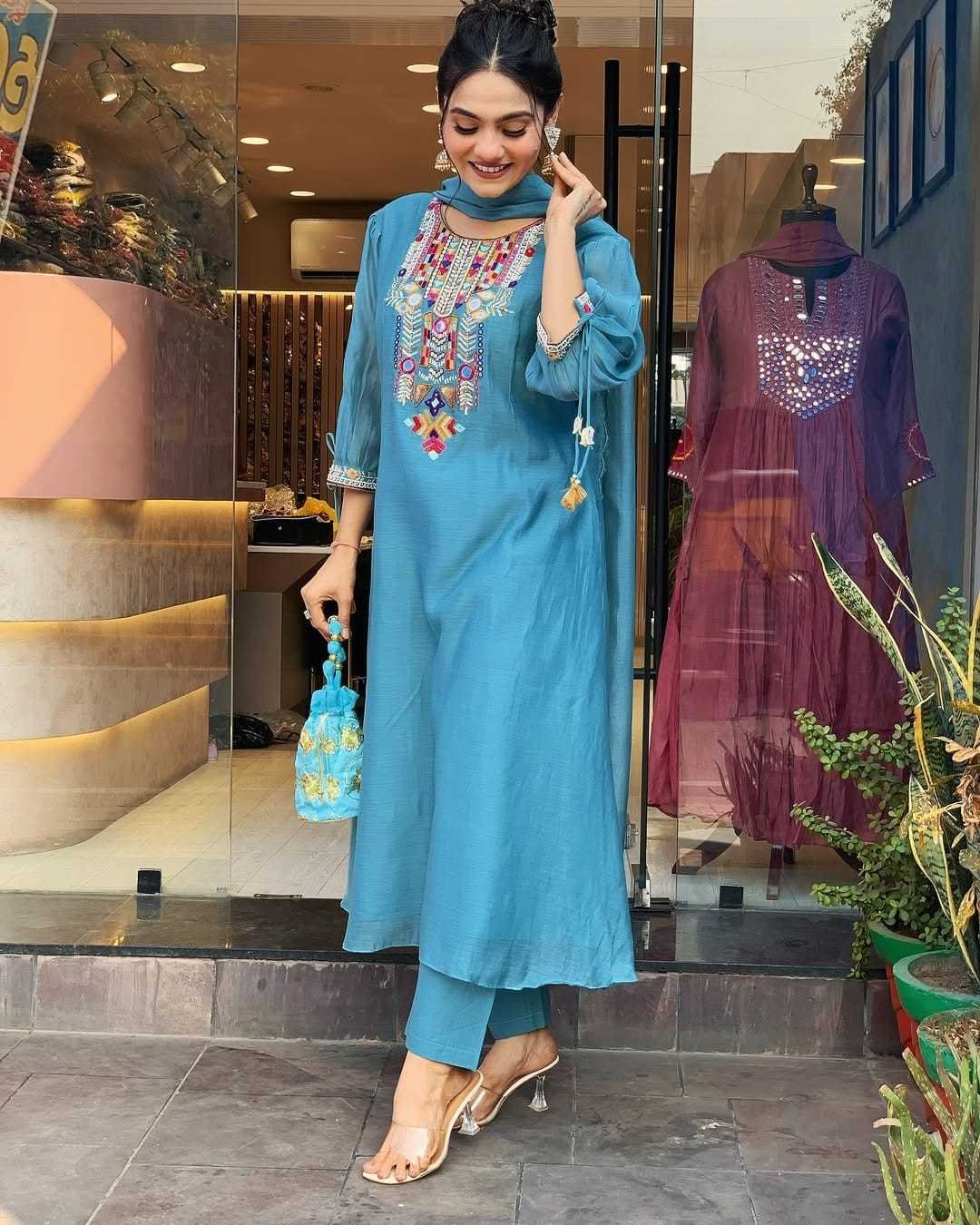 Women's Cotton Mirror Work Embroidered Straight Kurti With Pant and Dupatta Set - Image 2