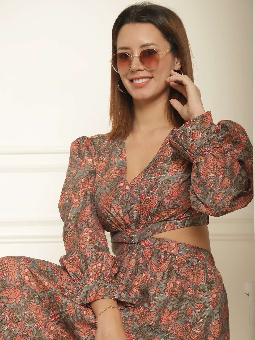 Women's Silk Printed V-Neck Long Bell Sleeves Tiered Maxi Dress Gown (Brown) - Image 5