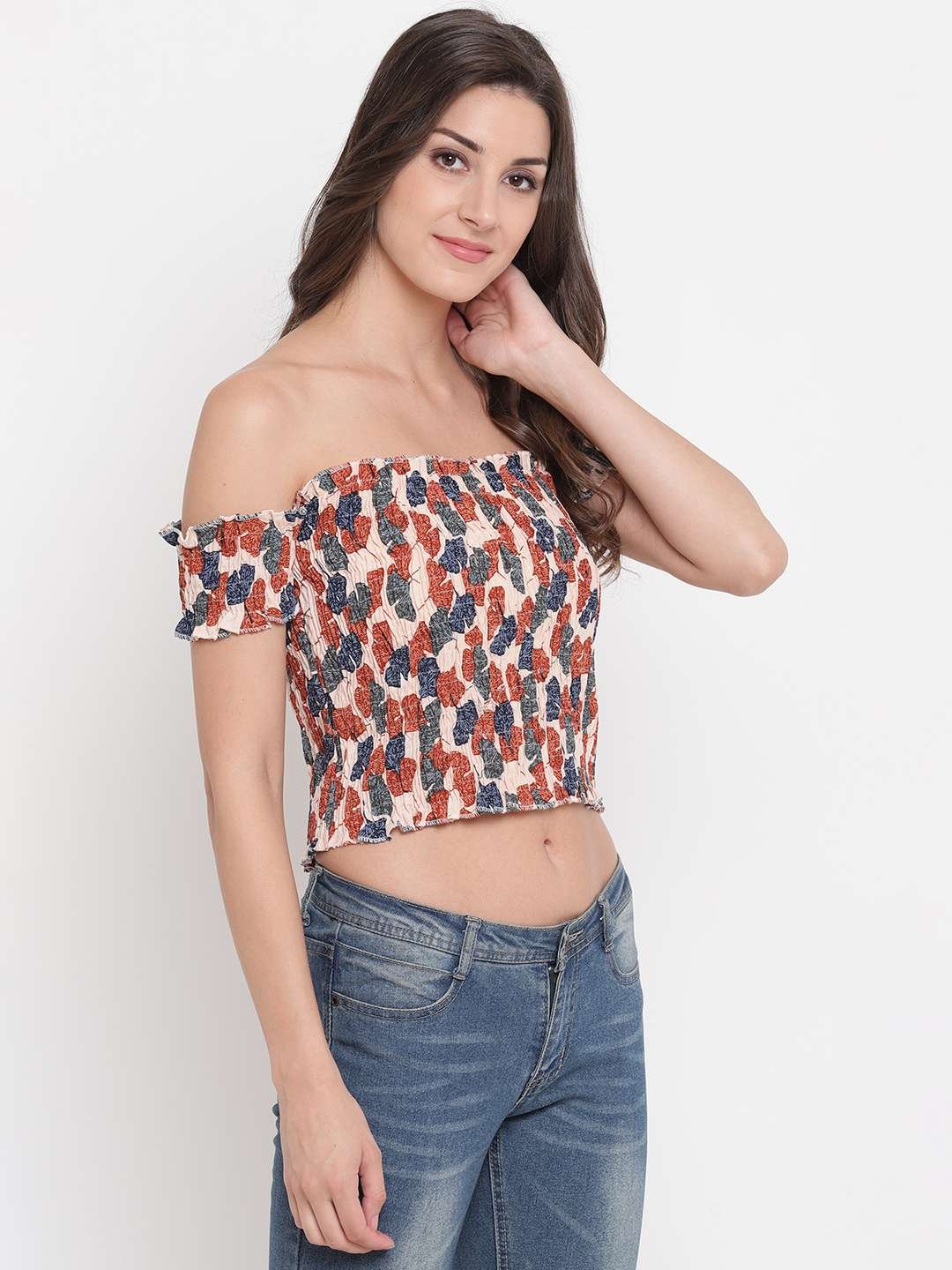 Women's Rayon Printed Off-Shoulder Smocked Crop Top Short Sleeve Casual Styles Tank Top (FREE SIZE) Multi45